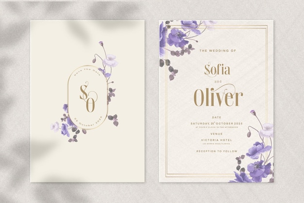 Винтажное свадебное приглашение и сохранить свидание с фиолетовым цветком