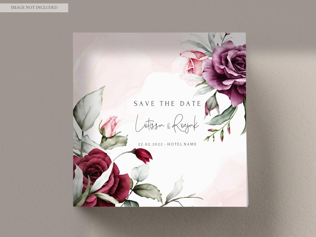 Vintage wedding invitation card set with maroon roses watercolor