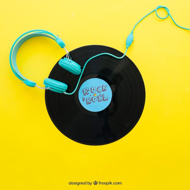 Vinyl mockup with headphones