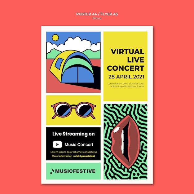 PSD gratuito modello di poster di concerti virtuali dal vivo