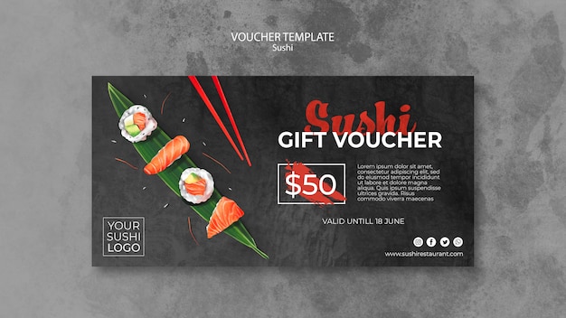 Free PSD voucher template with sushi day