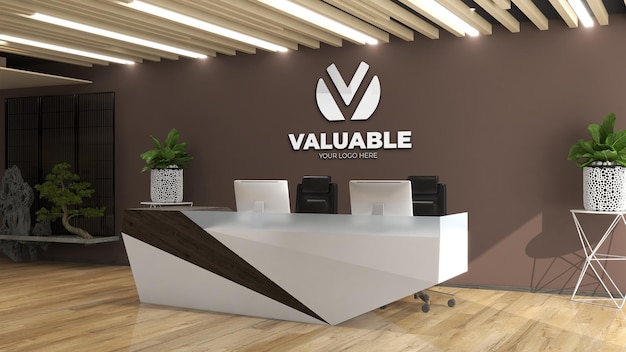 Wall logo mockup in the office receptionist or front desk with brown wall