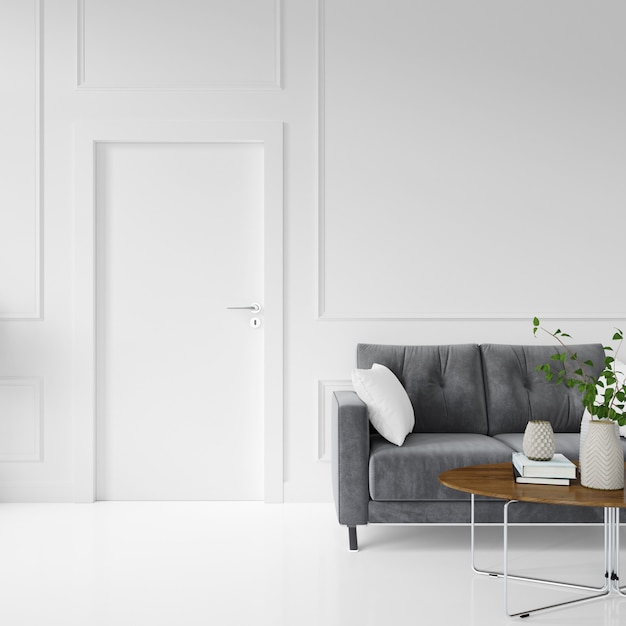 wall with blank door and sofa