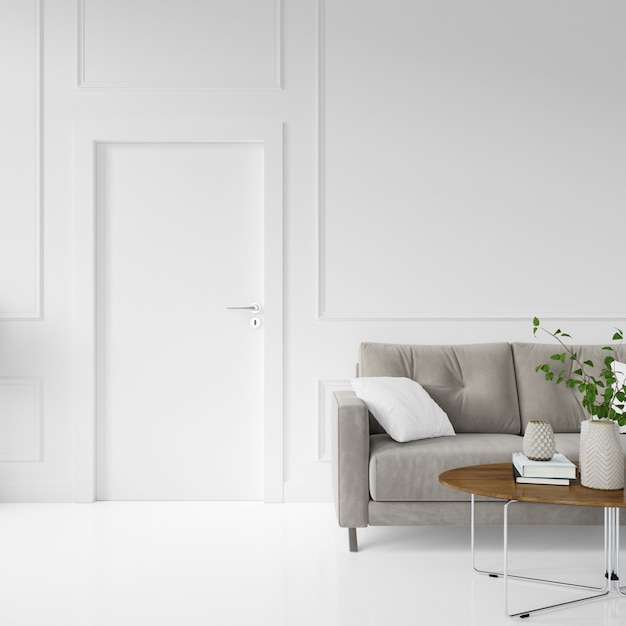 wall with blank door and sofa