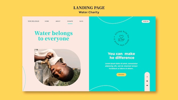 Бесплатный PSD Шаблон дизайна целевой страницы благотворительной воды