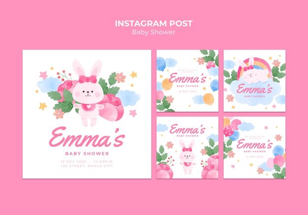 Watercolor baby shower instagram posts template