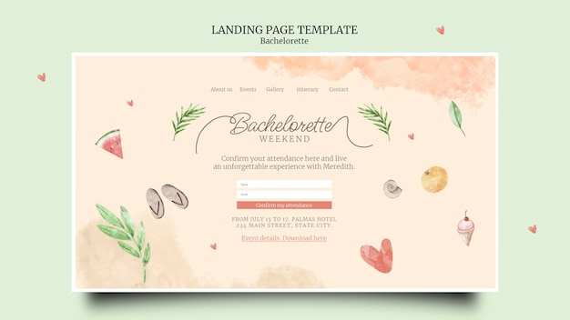 Free PSD watercolor bachelorette party landing page template with beach theme