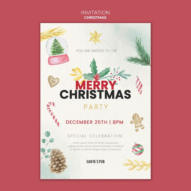 Watercolor Christmas Invitation Template – Festive and Free PSD Download