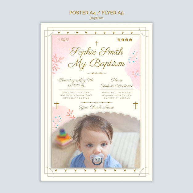 Бесплатный PSD Акварельный дизайн шаблона плаката крещения