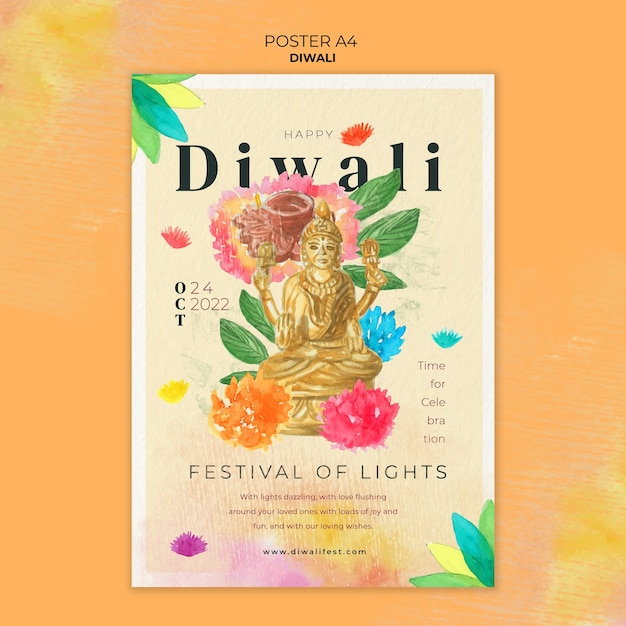 PSD gratuito modello del manifesto di celebrazione del diwali dell'acquerello