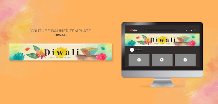 मुफ़्त PSD watercolor diwali celebration youtube banner