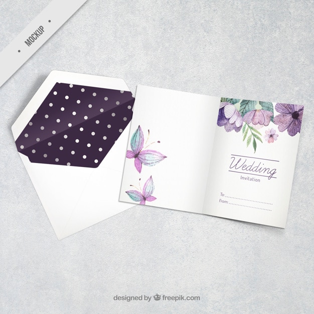 मुफ़्त PSD watercolor floral wedding invitation with butterflies