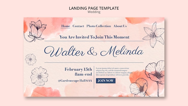 Free PSD watercolor floral wedding landing page