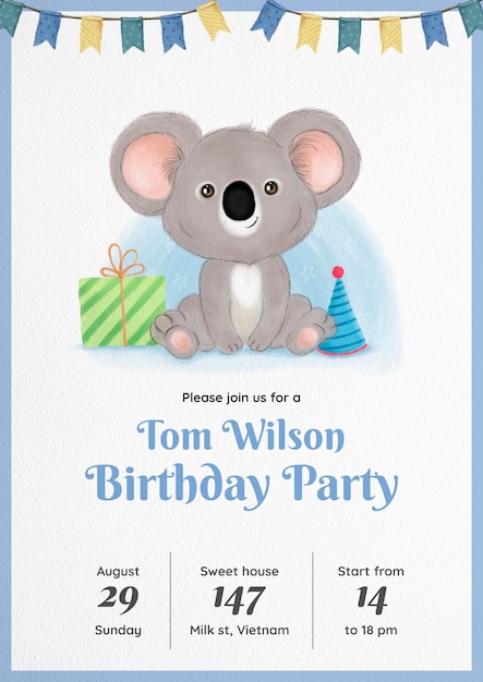 watercolor koala birthday invitation