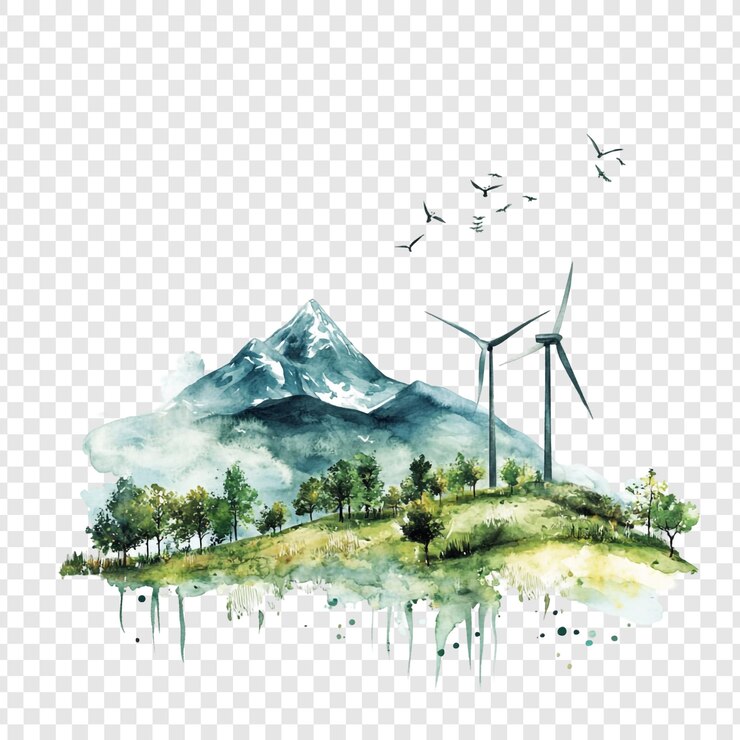 Free PSD watercolor landscape green energy and mountain majesty