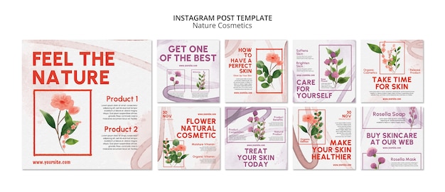 PSD gratuito post su instagram di cosmetici naturali ad acquerello