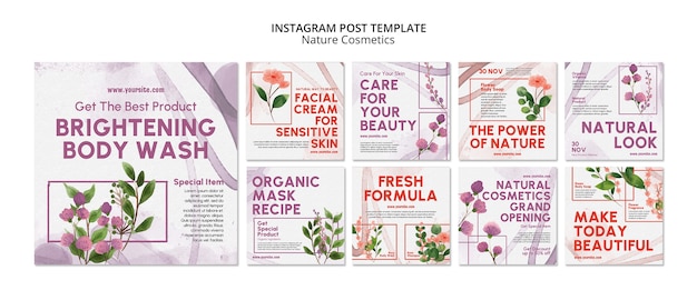 PSD gratuito post su instagram di cosmetici naturali ad acquerello