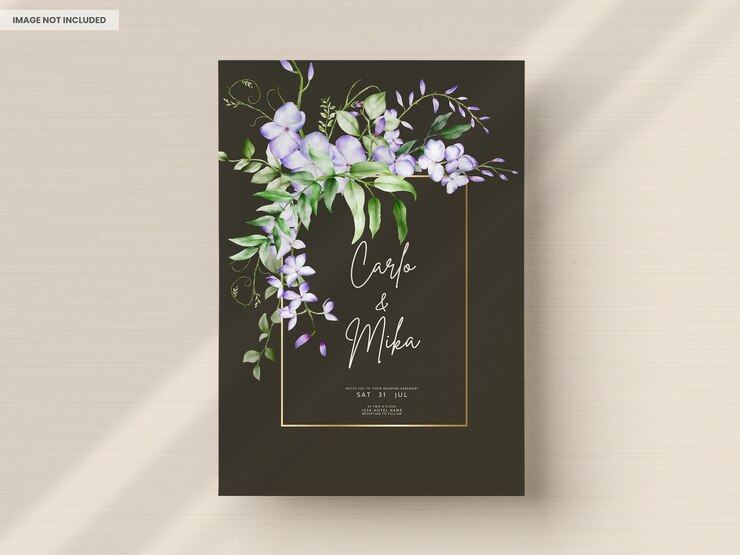 Free PSD watercolor purple and violet lilac flowers invitation card