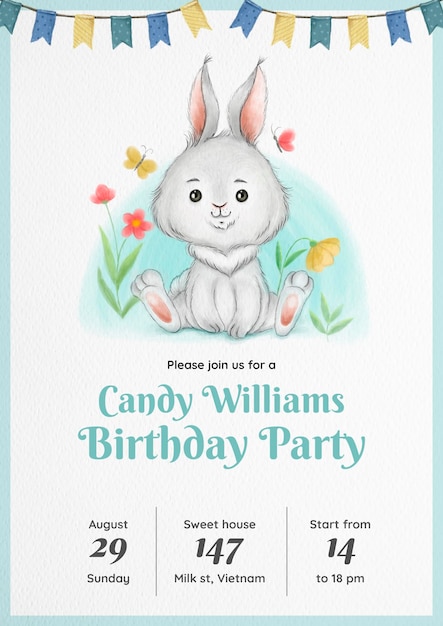 Free PSD watercolor rabbit birthday invitation