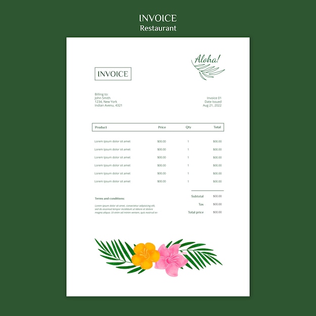 Free PSD watercolor restaurant invoice template