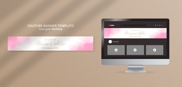 Modello di banner youtube per matrimonio in oro rosa acquerello