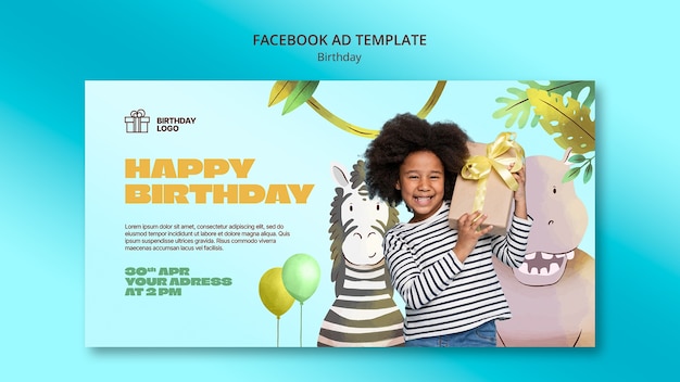 Free PSD watercolor social media promo template for kids birthday party with animals