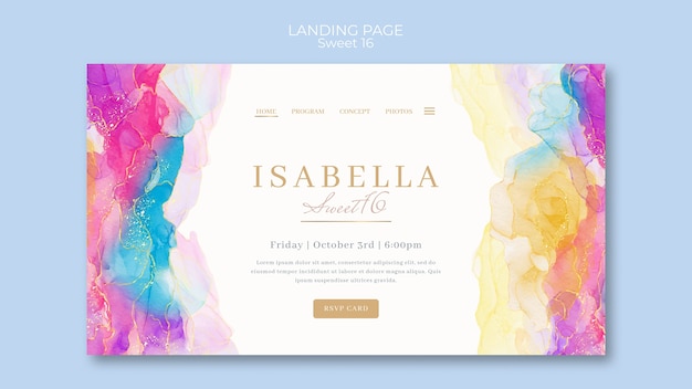 Free PSD watercolor sweet 16 landing page