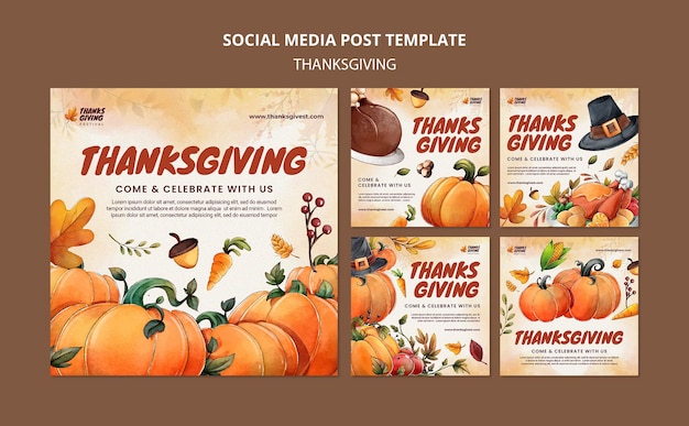 Free PSD watercolor thanksgiving social media posts pack