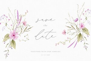 Бесплатный PSD Акварельная свадебная открытка с нежными цветочными композициями