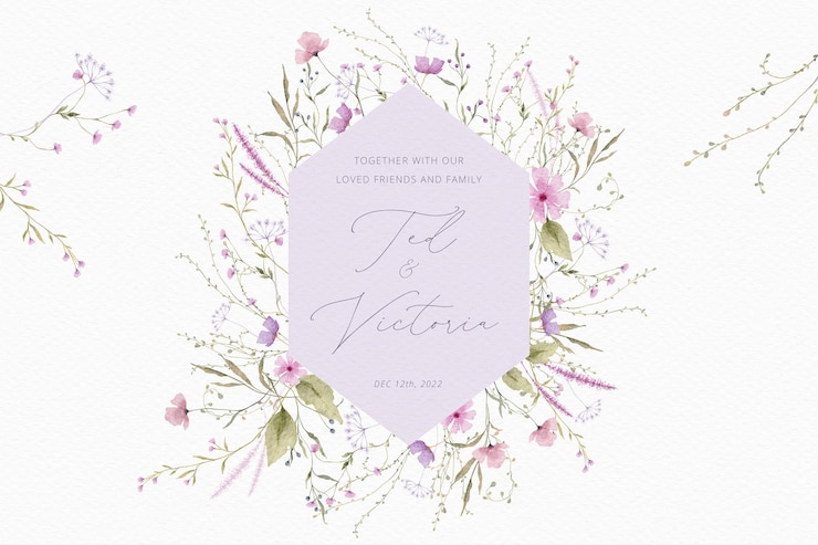 Free PSD watercolor wedding card with delicate floral arrangements