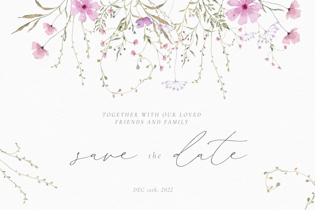 Free PSD watercolor wedding card with delicate floral arrangements