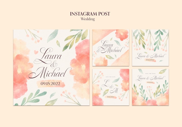 Watercolor wedding celebration instagram post set