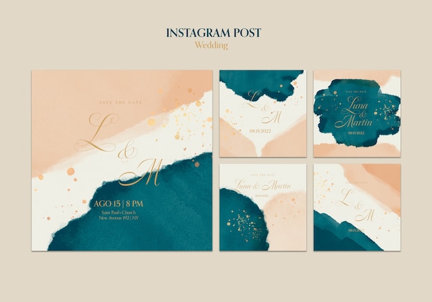 Watercolor wedding celebration instagram post set