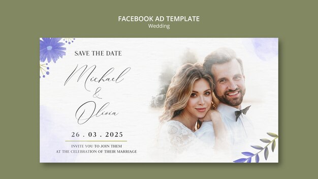 水彩の結婚式のデザイン facebook 広告テンプレート