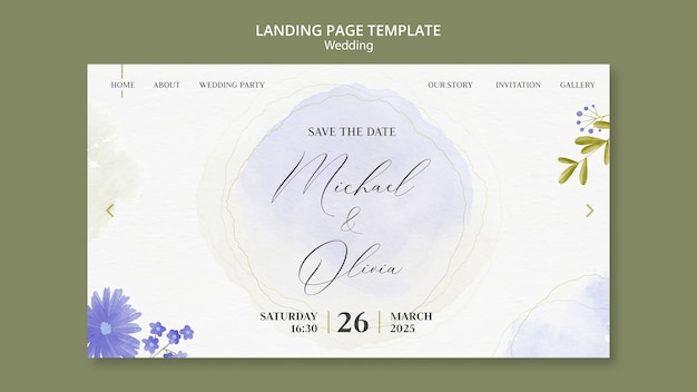 Free PSD watercolor wedding design landing page  template