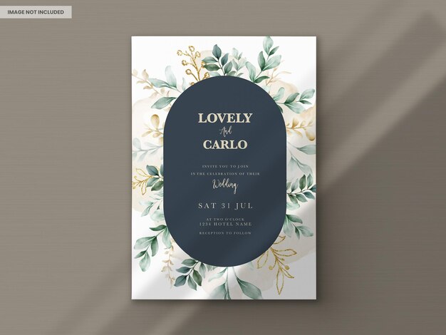 watercolor wedding invitation card in elegant green leaves