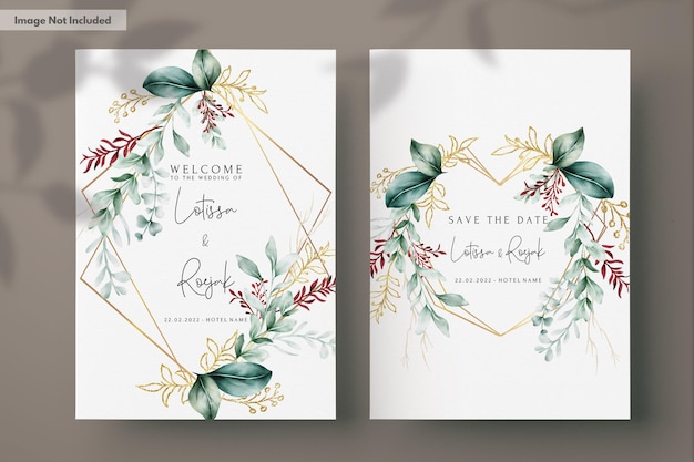 Free PSD watercolor wedding invitation card in elegant green leaves