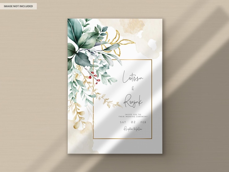 Free PSD watercolor wedding invitation card in green leaves and gold ornament