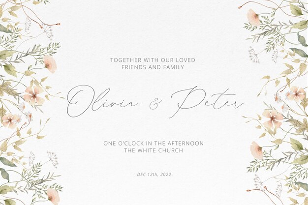 Watercolor wedding invitation card with delicate flowers