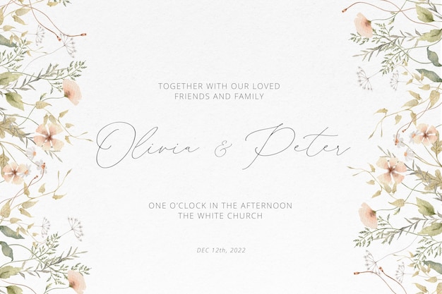 Watercolor wedding invitation card with delicate flowers