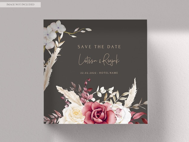 Watercolor wedding invitation template with maroon and peach floral