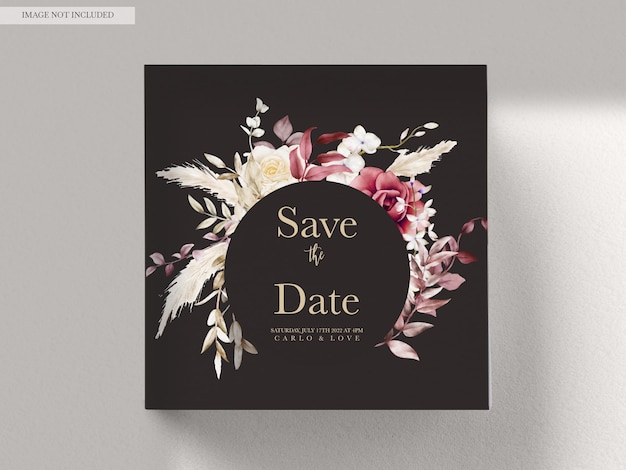 Free PSD watercolor wedding invitation template with maroon and peach floral