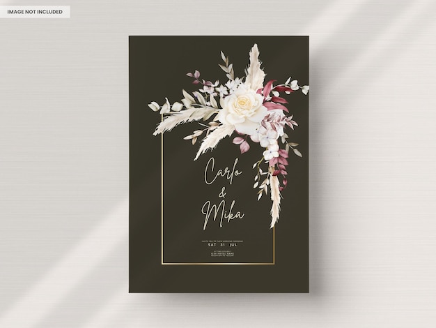 Free PSD watercolor wedding invitation template with maroon and peach floral