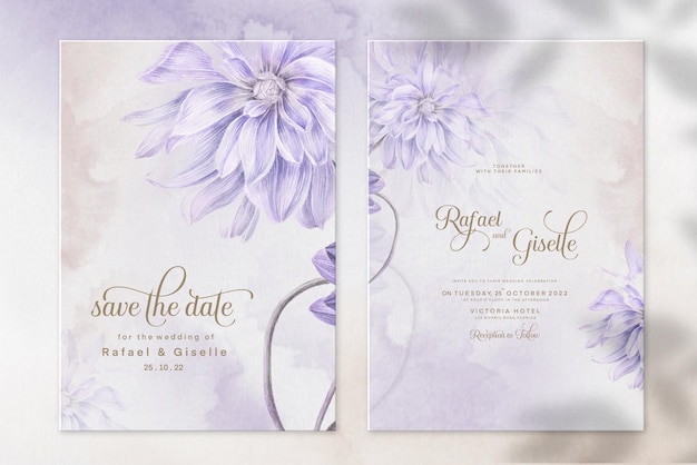 Шаблон приглашения на свадьбу акварель с фиолетовым цветком Premium Psd