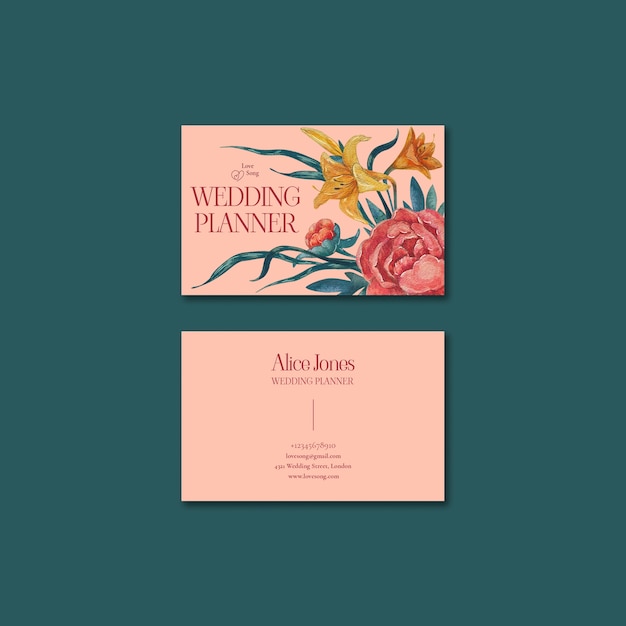 Free PSD watercolor wedding planner business card template