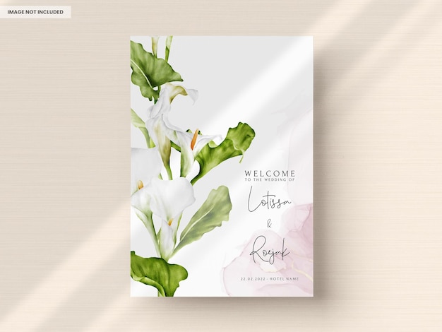 Free PSD watercolor white lily flower and greenery leaves wedding invitation card