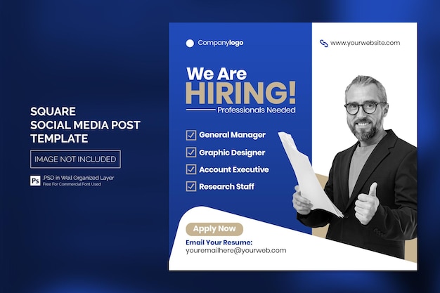 We are hiring job vacancy square banner or social media post template