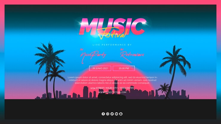 Free PSD web banner template for 80s music festival