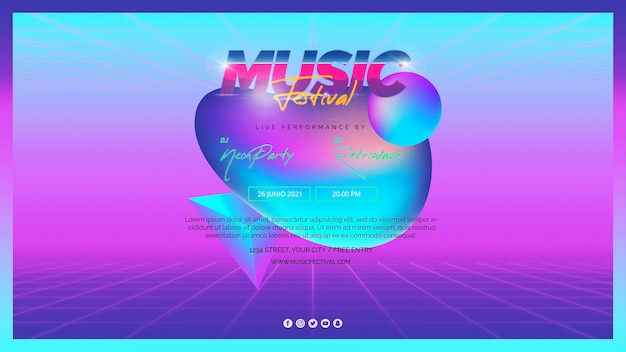 PSD gratuito modello di banner web per il festival musicale degli anni '80