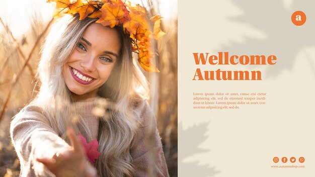 Web template with beautiful woman with leaves crown 